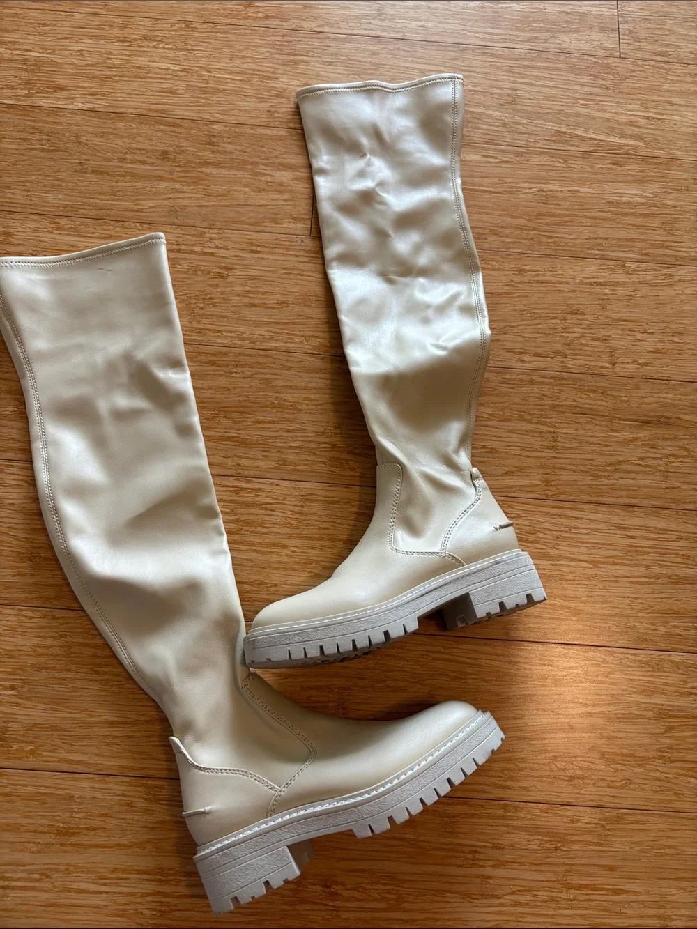 Franco Sarto Fera Cream Over The Knee Lug Sole Boots size 5.5M neutral classic